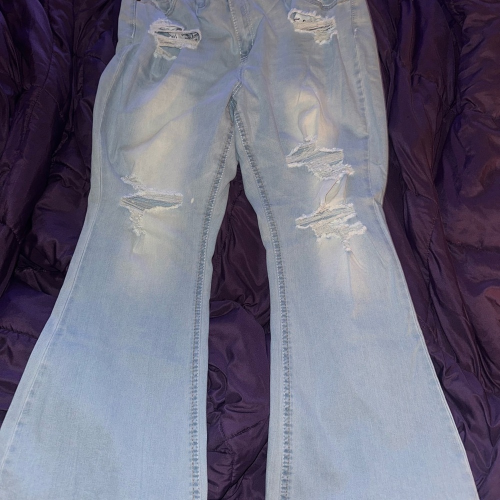 TRUE LUCK Blue Flare Wide Leg Jeans Vintage Distressed